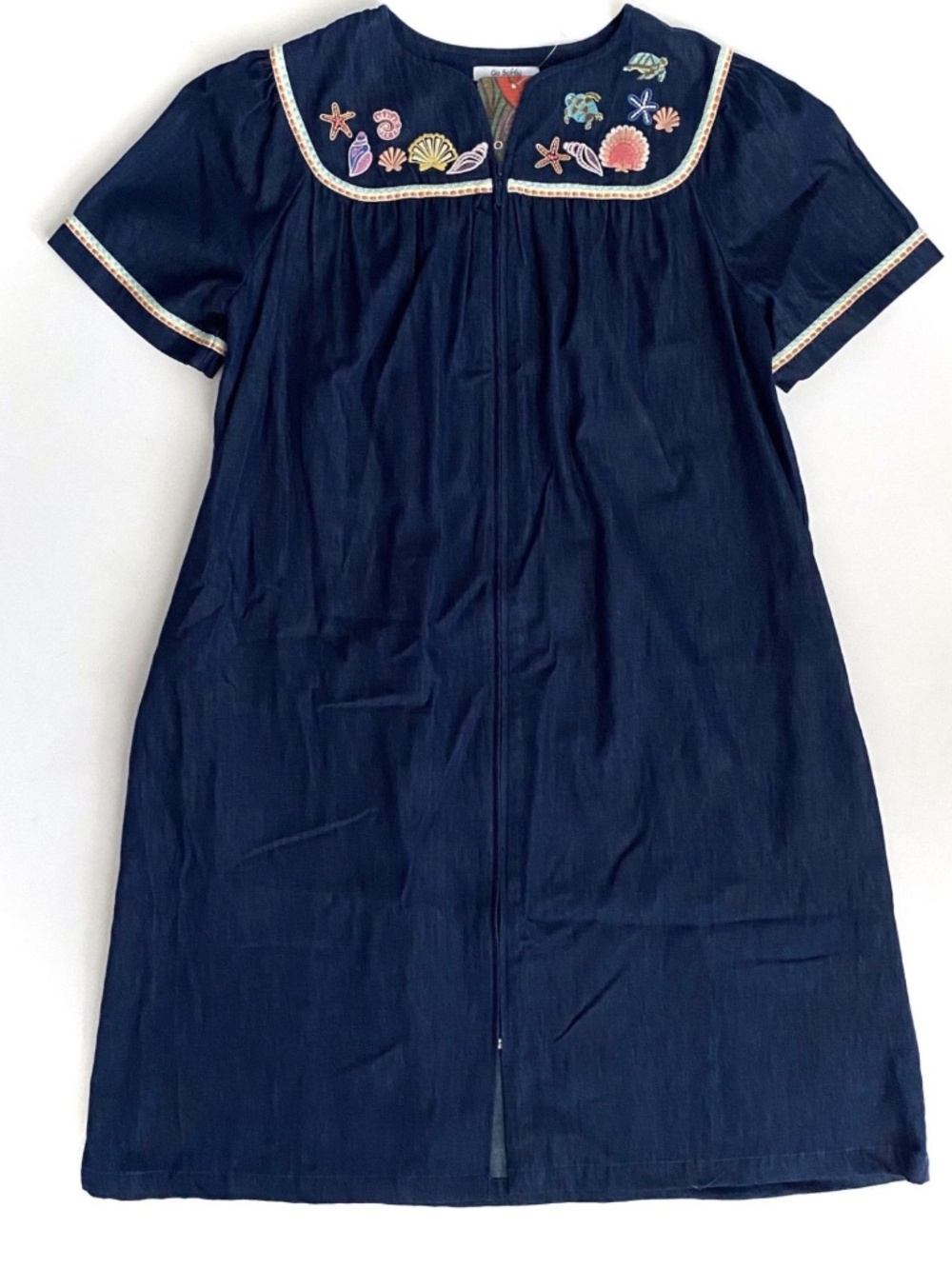 Go Softly Nwt Embroidered Sea Life Short Sleeve Zip Front Denim Patio Dress